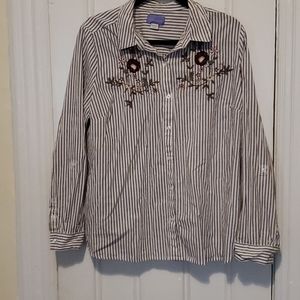 Laura Scott Striped Floral Long Sleeve Button Down